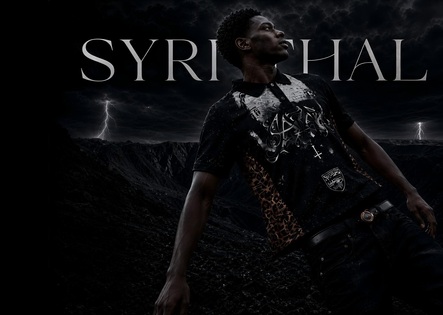 身着 SYRITHAL 豹纹拼接做旧 Polo 球衣的模特，置身雷暴暗影之中